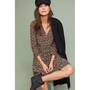 Maeve by Anthropologie Juno Leopard Print V Neck 3/4 Sleeve Tiered Midi Dress XS